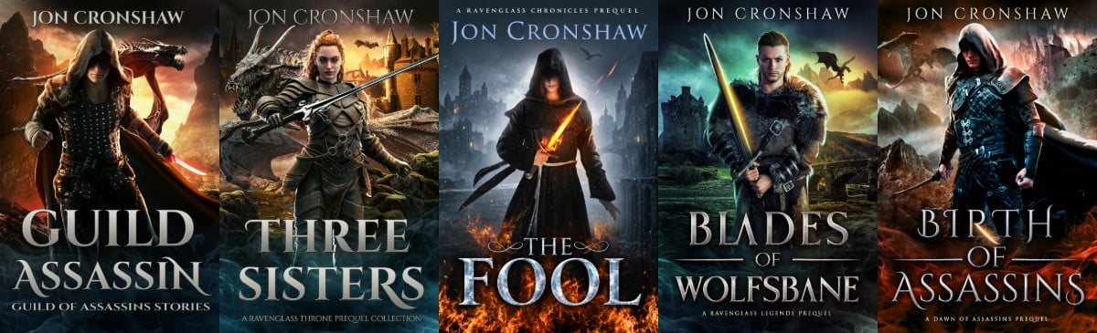 Five Jon Cronshaw fantasy book covers shown side by side: Guild Assassin, Three Sisters, The Fool, Blades of Wolfsbane, and Birth of Assassins. The covers feature hooded assassins and armoured warriors, glowing blades, castles, dramatic landscapes, and wyverns.