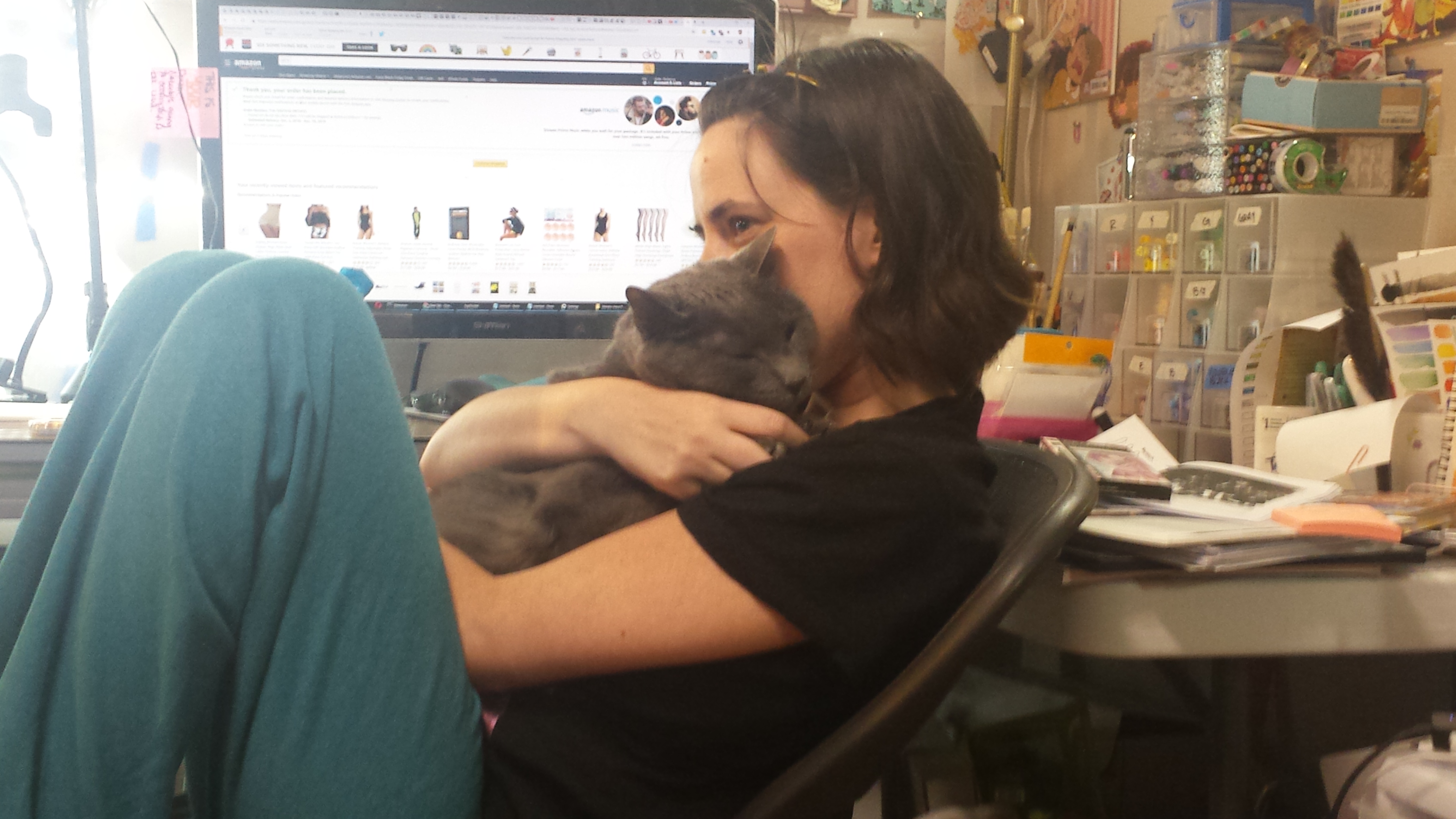 Becca snuggling with Bowie.
