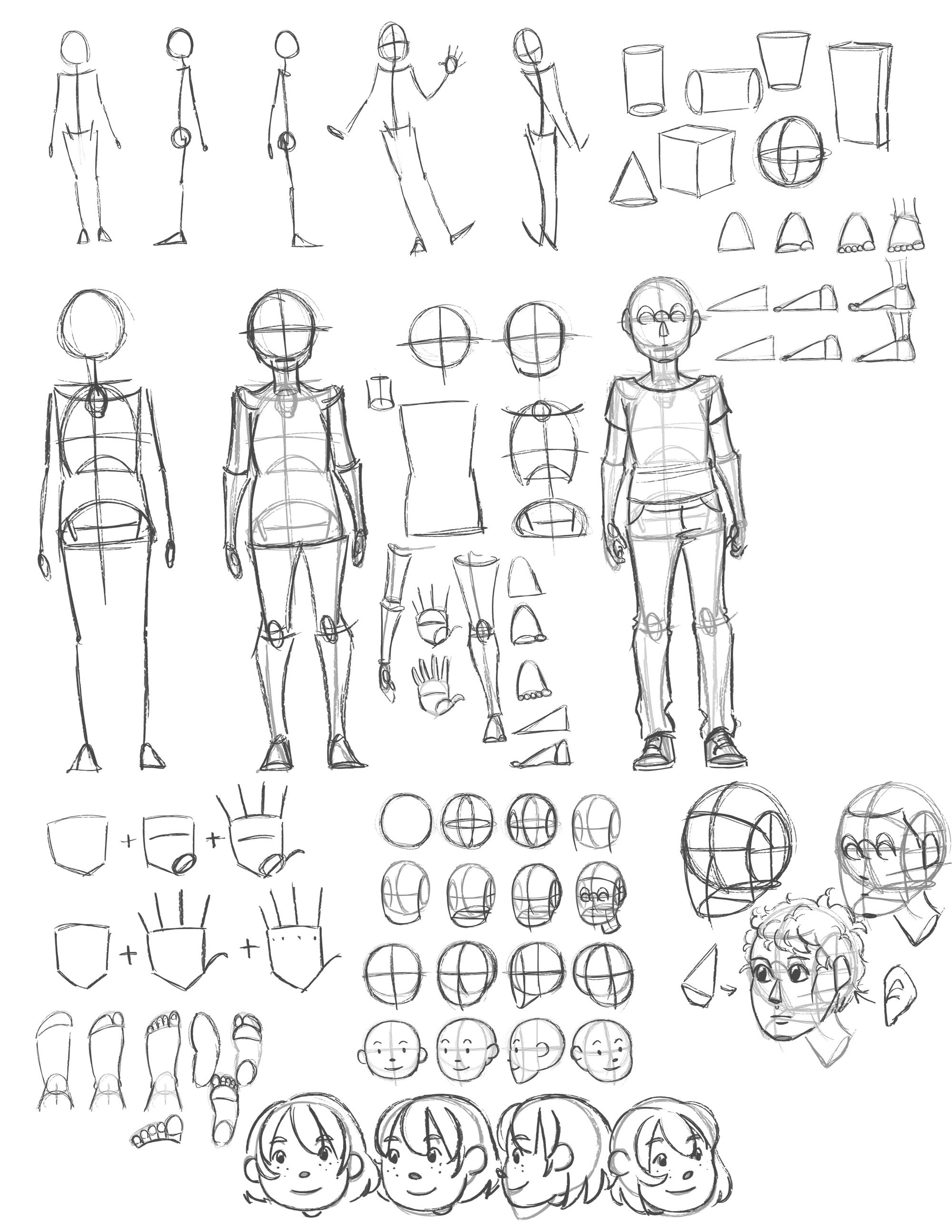 Drawing template demonstrating how to draw heads, full body poses, aligning facial features, etc from Manga Madness.