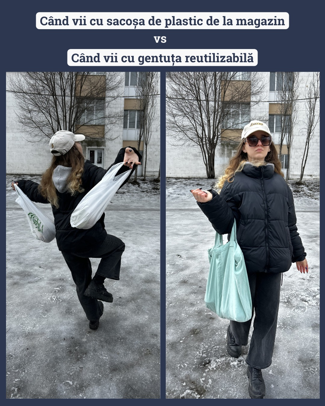 Vizual despre înlocuirea sacoșei din plastic cu geanta reutilizabilă
