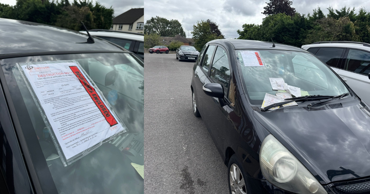 Car with notice on windshield