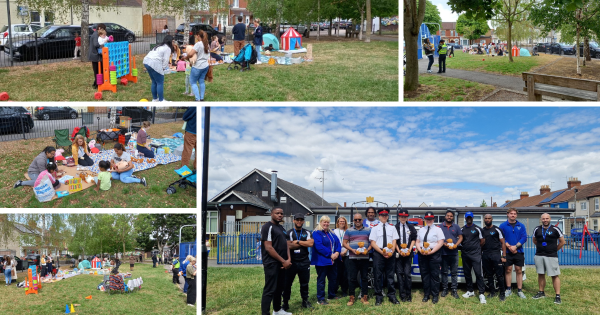 5 pictures of the teddy bear picnic- families on blankets enjoying food