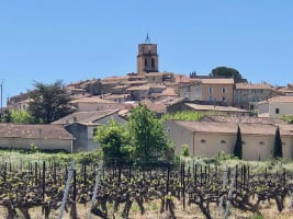 village of stone buildings on hillside with grapevines in the field below against a blue sky