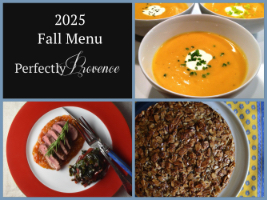 collage of images: squash soup, duck breast, almond cake