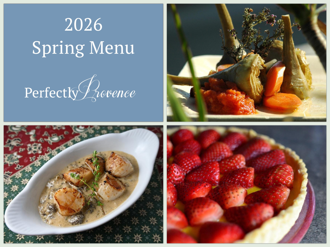 2026 spring menu with vegetable appetizer, scallop main dish, strawberry tart dessert