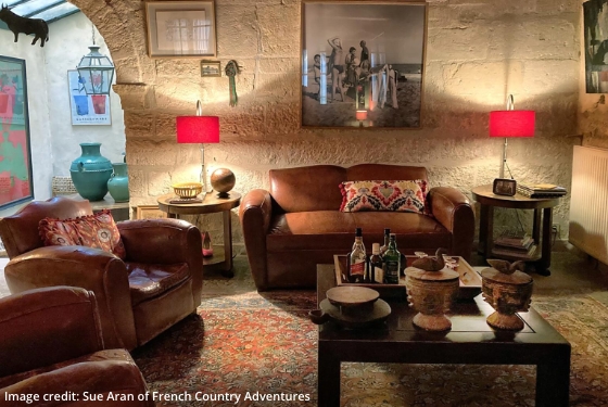lounge area of hotel with comfortable leather furniture