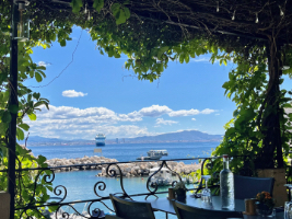 restaurant table overlooking seaside harbour through an open window surrounded by green leaves