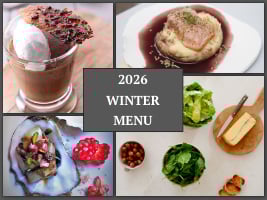 oysters, chocolate mouuse, salad ingredients, salmon steak