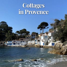 white buildings along a rocky shoreline shaded with trees