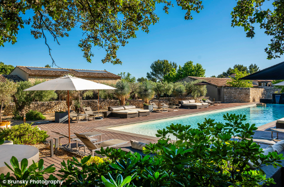 swimming pool surrounded by deck chairs, sun umbrellas, lush green plants at Domaine La Pierre Blanche boutique hotel
