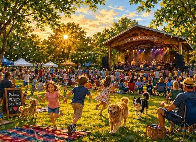 Families enjoying a colorful outdoor summer concert in the park