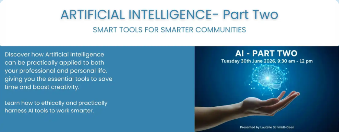 Flyer for “Artificial Intelligence – Part Two” workshop with event details and an image of a hand holding a glowing digital brain graphic.