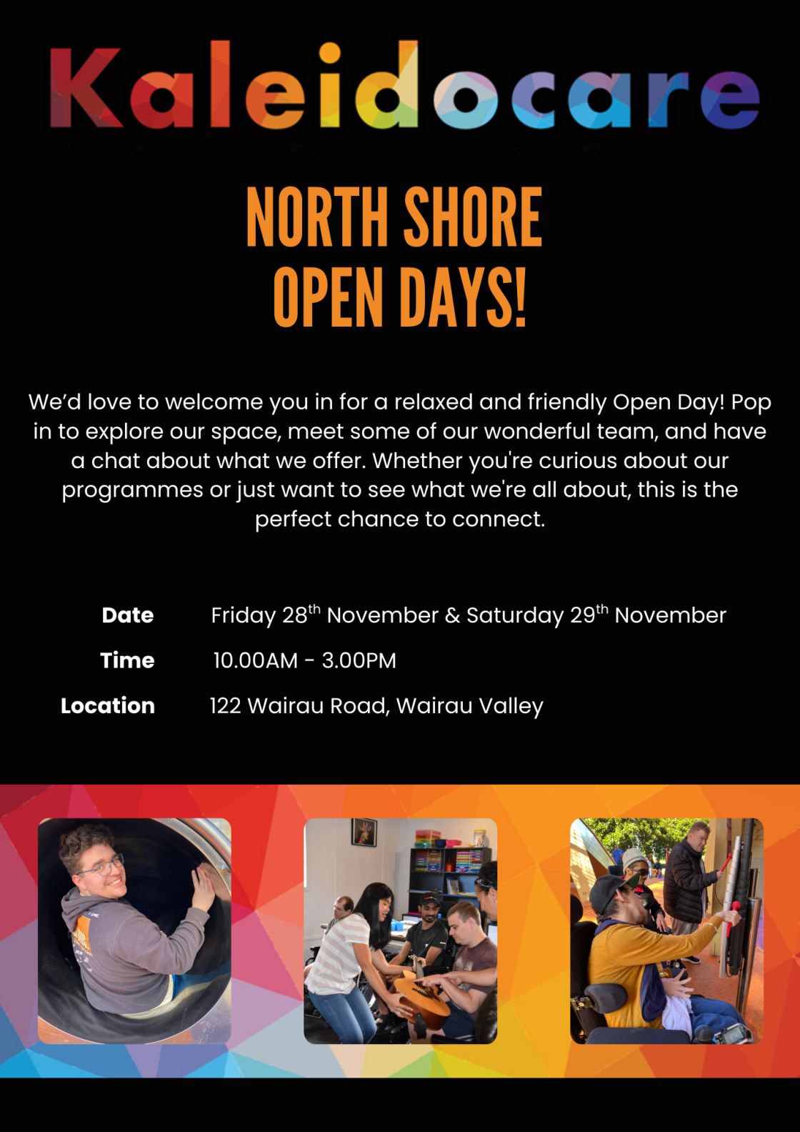 Promotional graphic for Kaleidocare North Shore Open Days.