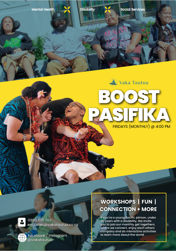 Promotional poster for Vaka Tautua's 'Boost Pasifika' program. Features smiling young Pasifika people, some using wheelchairs, engaging in joyful conversation.
