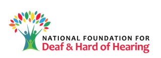 Logo of the National Foundation for Deaf & Hard of Hearing featuring a colorful tree with three figures at its base, and the organization name in black and red text to the right.