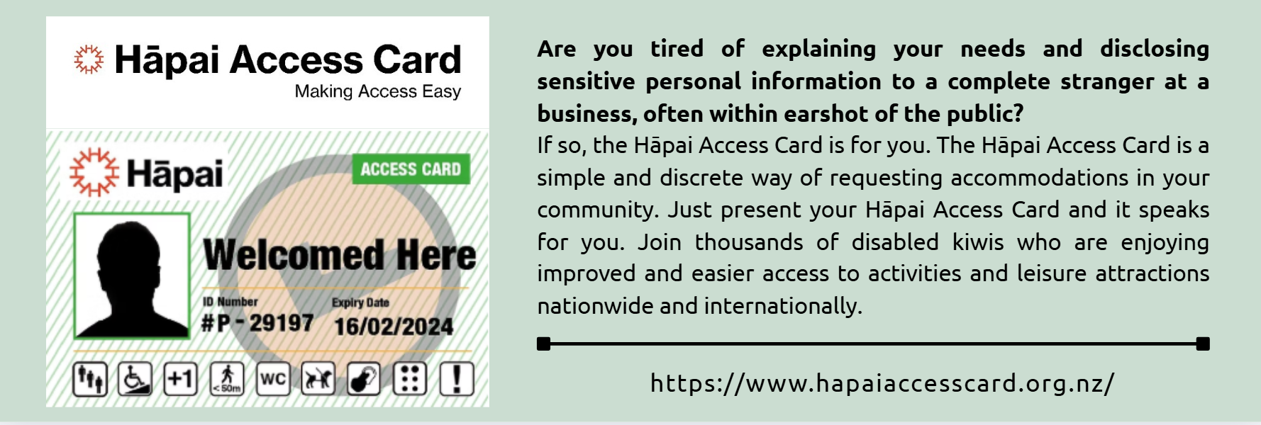 The image is an ad for the Hāpai Access Card, a tool designed to make access easier for disabled people by discreetly communicating their needs without requiring them to explain personal details in public settings.
