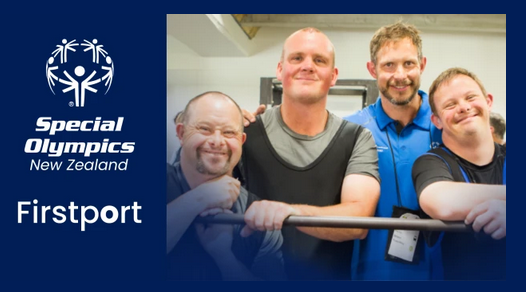 Four gentlemen standing and smiling over a bar. Logo of special olympics and firstport on the left hand side.