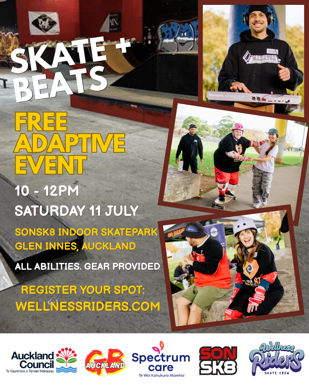 Poster for “Skate + Beats,” showing an indoor skatepark with ramps and graffiti. Smaller photos feature people of all abilities skateboarding and smiling. Text lists a free adaptive event on 11 July from 10am–12pm at Sonsk8 Indoor Skatepark in Glen Innes, with gear provided and registration via wellnessriders.com, alongside supporting organisation logos.