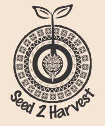 Circular emblem with layered tribal-style patterns surrounding a central seed design, with a small sprout emerging at the top. The text “Seed 2 Harvest” appears below the circular graphic.