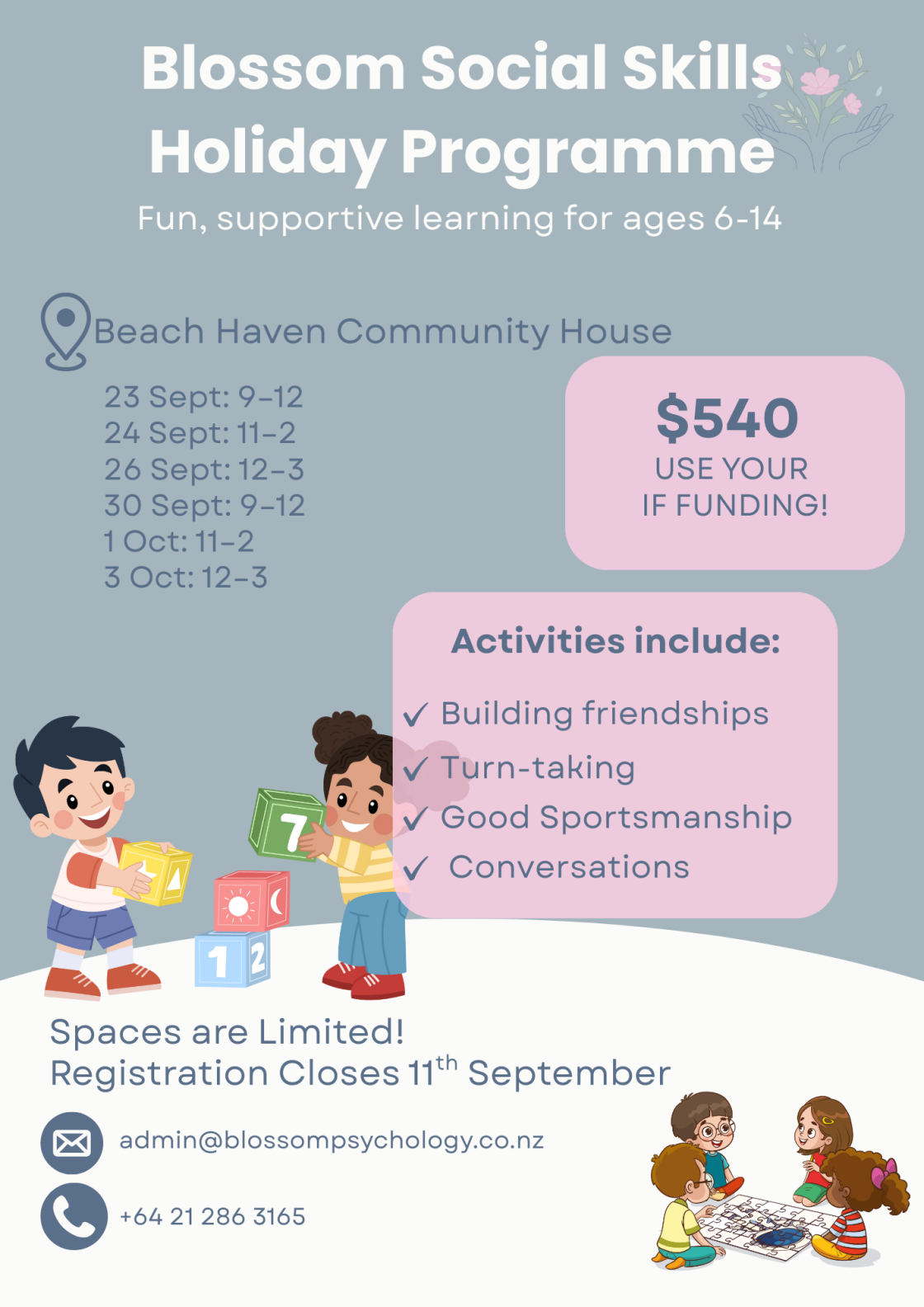 Poster for the Blossom Social Skills Holiday Programme for ages 6–14, held at Beach Haven Community House