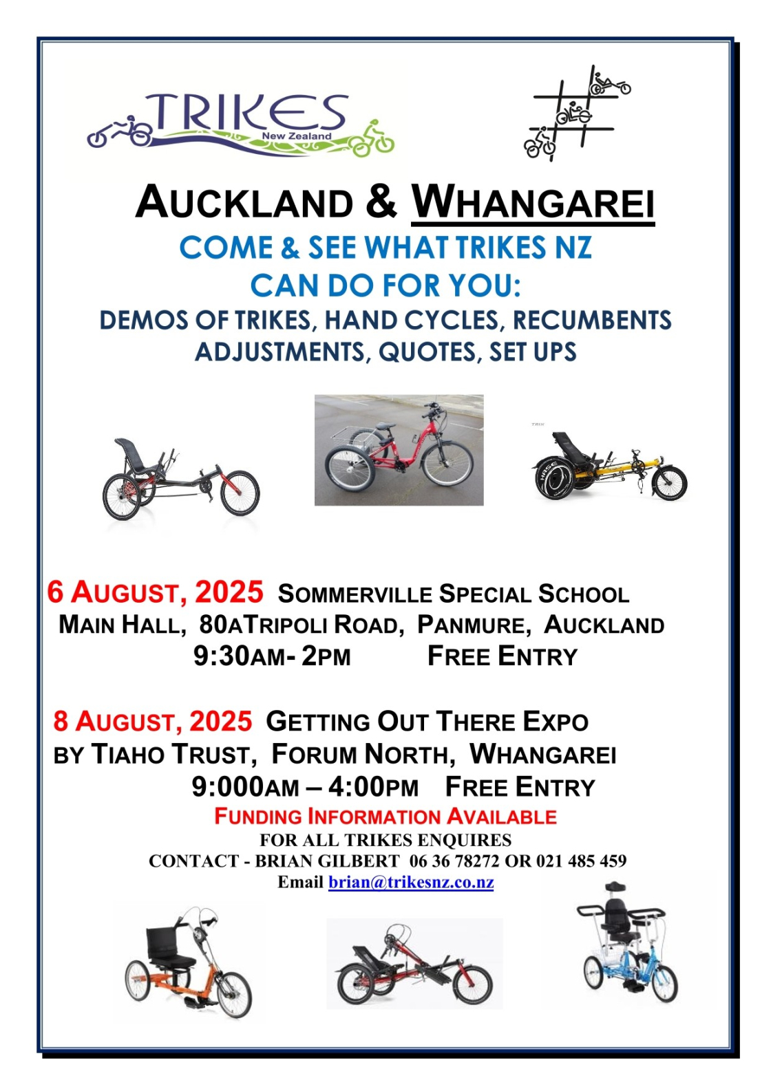lyer for Trikes New Zealand promoting events in Auckland and Whangarei. The flyer invites people to see demos of trikes, hand cycles, and recumbents, with adjustments, quotes, and setups available.