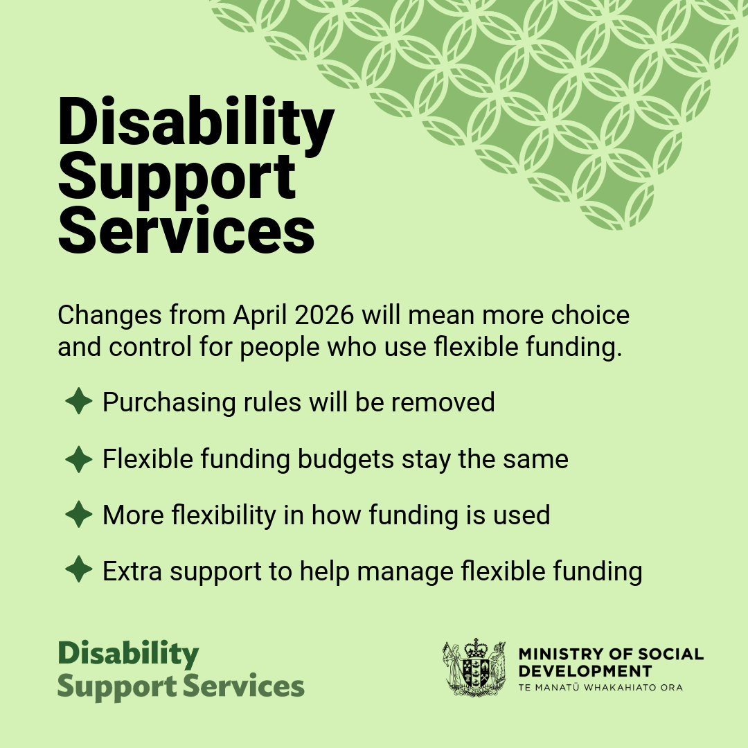 Light green graphic titled “Disability Support Services” outlining April 2026 changes to flexible funding, including more choice and flexibility, unchanged budgets, removed purchasing rules, and added support, with Ministry of Social Development branding.