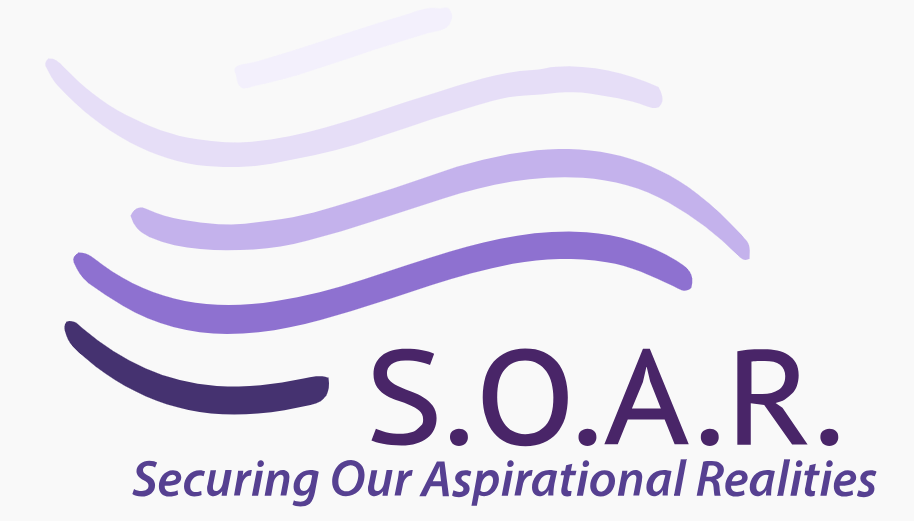 Logo for S.O.A.R. (Securing Our Aspirational Realities) featuring gentle, flowing purple lines and text in a modern font.
