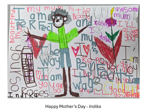 A colorful drawing shows a person with curly hair and a beard standing with arms outstretched, wearing a bright green shirt and blue pants. Surrounding them are hearts, flowers, and handwritten messages in different colors expressing love and appreciation for a mum, with phrases about being proud, kind, helpful, and loved.
