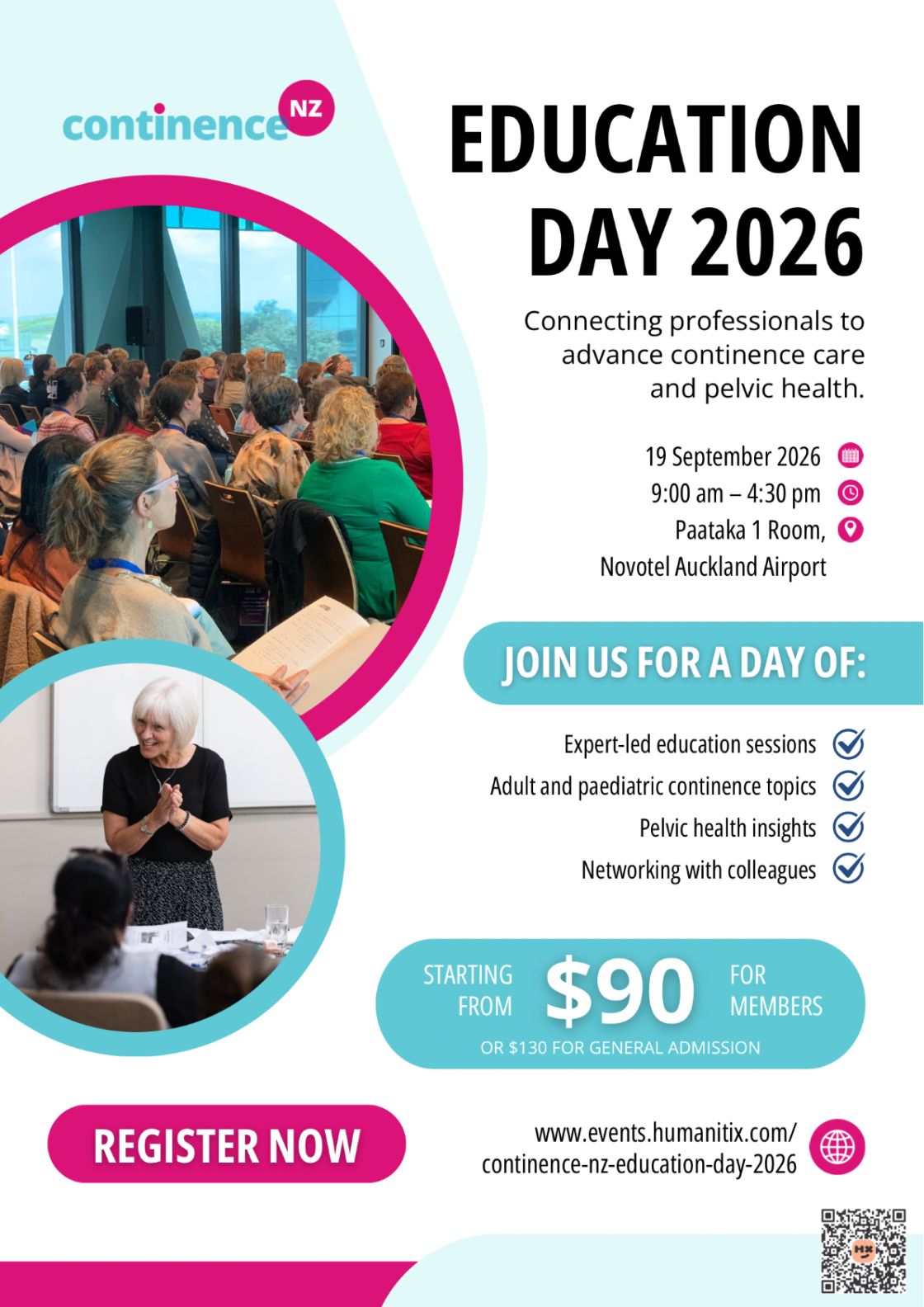 Poster for Continence NZ Education Day 2026, featuring photos of professionals attending a seminar, with event details for 19 September 2026 at Novotel Auckland Airport
