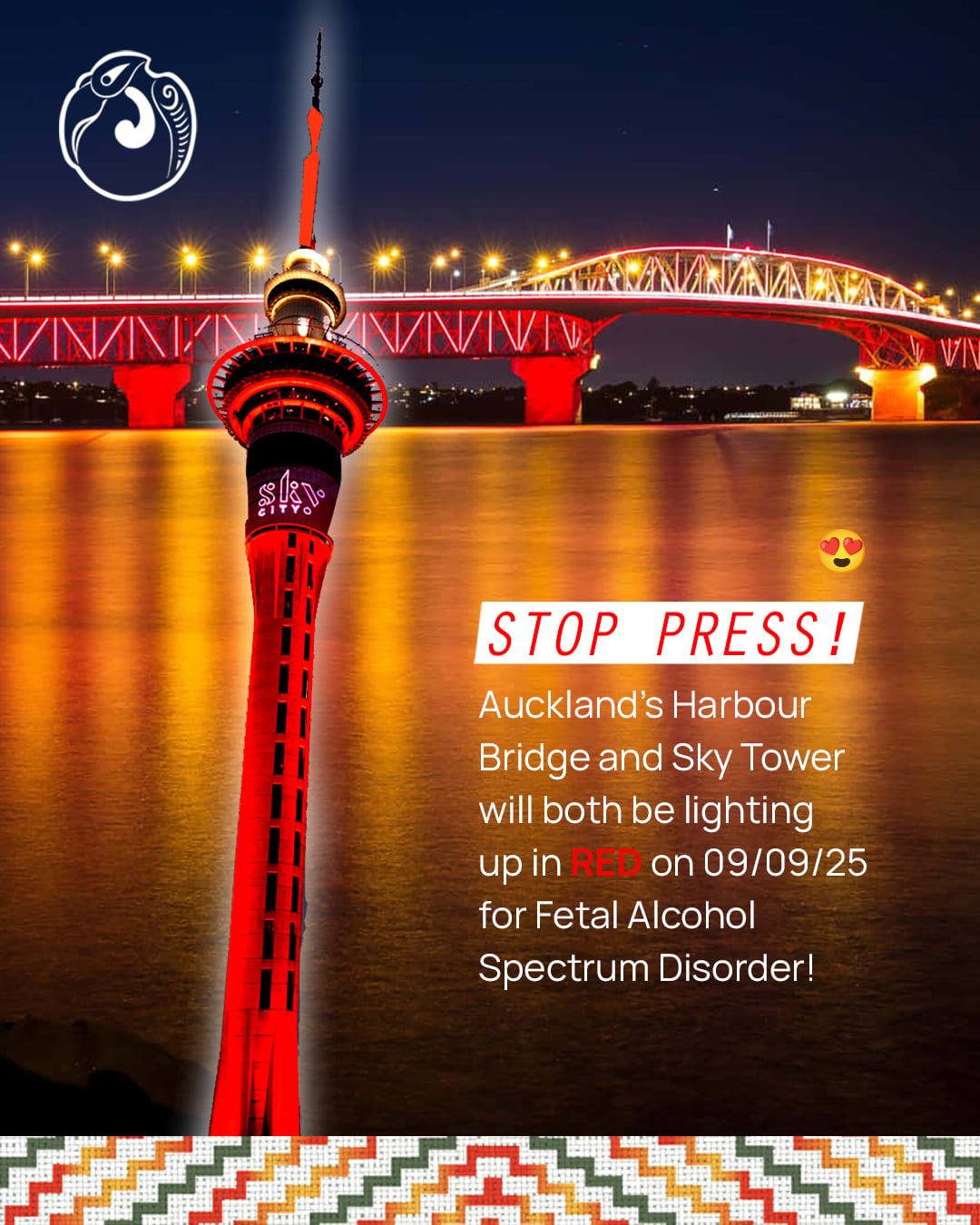Promotional poster showing Auckland's Sky Tower and Harbour Bridge lit up in red at night, reflected on the water. Text on the image reads: 