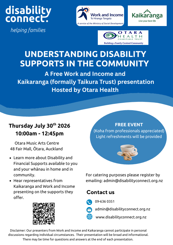 Flyer titled “Understanding Disability Supports in the Community,” promoting a free event on Thursday, 30 July 2026