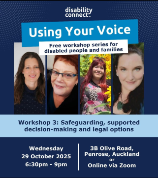 Promotional poster for Disability Connect’s Using Your Voice workshop series for disabled people and families. The poster features photos of four women speakers.