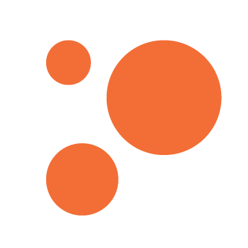 Three orange circles of different sizes arranged diagonally on a white background, with the smallest at the top left, a medium circle below it, and the largest circle to the right.