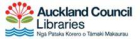 Auckland Council Libraries logo featuring a stylised red and green pōhutukawa flower above blue curved lines, with the text “Auckland Council Libraries” and the Māori translation “Ngā Pātaka Kōrero o Tāmaki Makaurau” beside it.