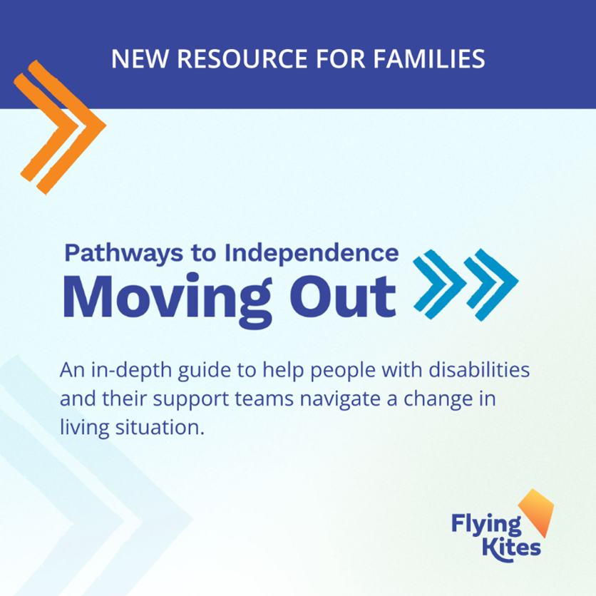 A light blue tile with a bold dark blue banner across the top. The Dark blue banner says “New Resource for families”, the light blue tile says “Pathways to independence, Moving out. An in-depth guide to help people with disabilities and their support teams navigate a change in living situation.” The tile also features the Flying Kites logo and a few colourful arrows.
