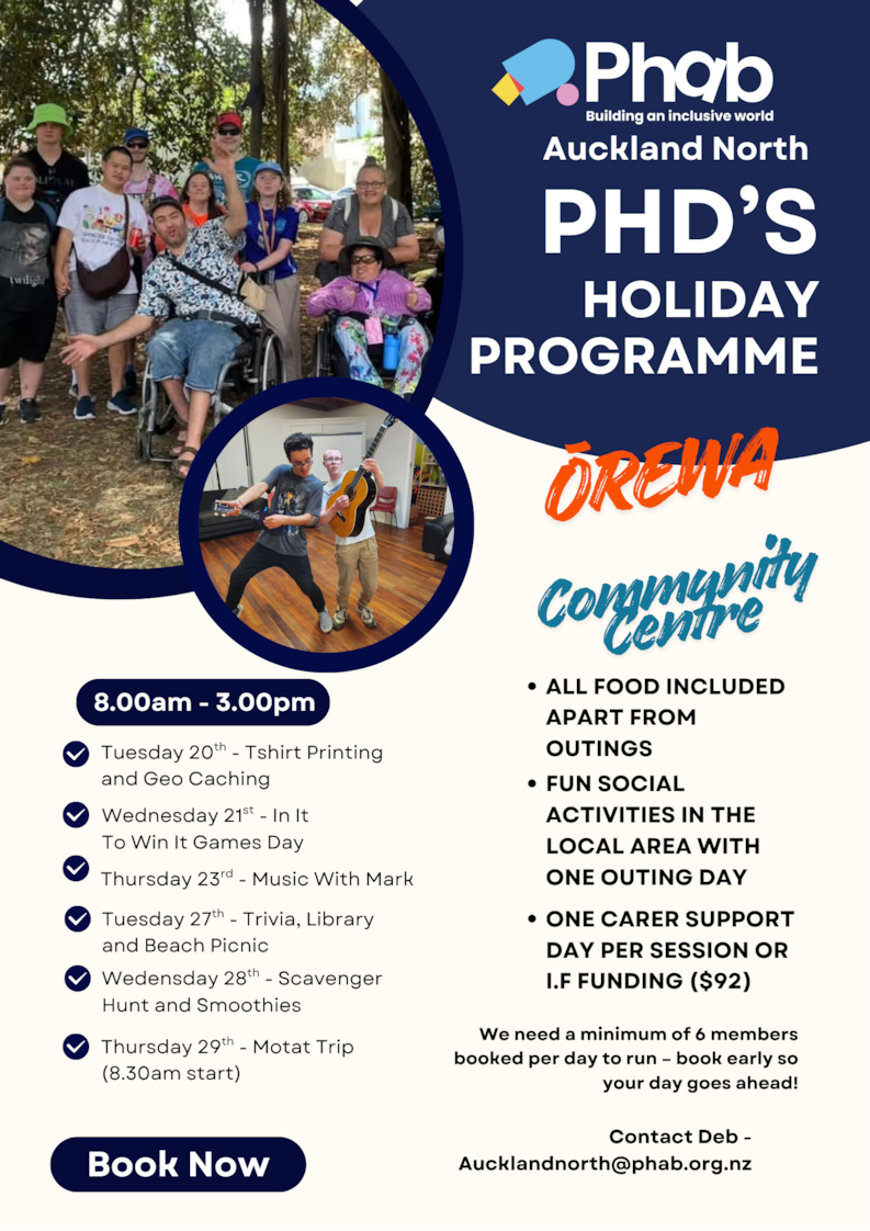 Poster of Phab logo, pictures of disabled people having fun and information about holiday programme events