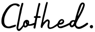 The clothed logo: a handwritten looking logo in black on a white background with the word Clothed starting in a capital C ending with a full stop.