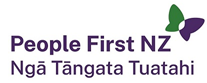Logo of People First NZ – Ngā Tāngata Tuatahi, featuring the organization's name in purple text alongside a green and purple butterfly graphic