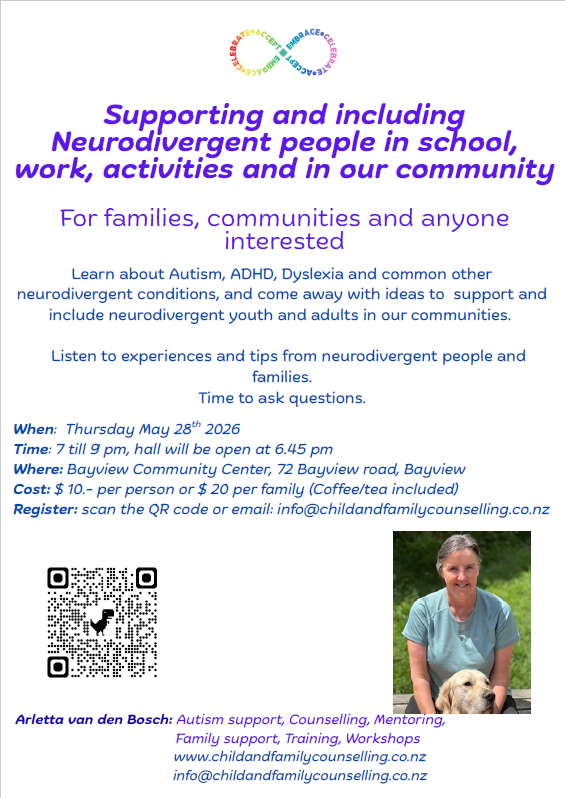 Flyer advertising a community talk on supporting and including neurodivergent people, with event details for 28 May 2026 at Bayview Community Centre