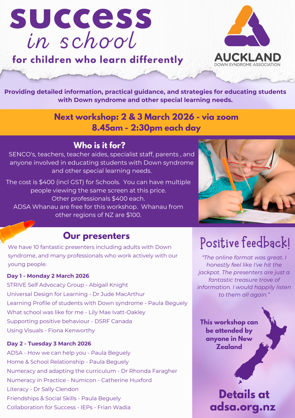 Poster titled ‘Success in School for children who learn differently,’ promoting an Auckland Down Syndrome Association online workshop on 2–3 March 2026 via Zoom.