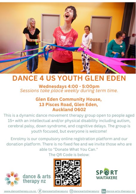 Poster for “Dance 4 Us Youth Glen Eden,” showing a group of young people dancing with colourful ribbons in a bright room. Text provides weekly Wednesday session times, the Glen Eden Community House address, and details about the inclusive dance movement therapy group for people aged 15+ with intellectual or physical disabilities.