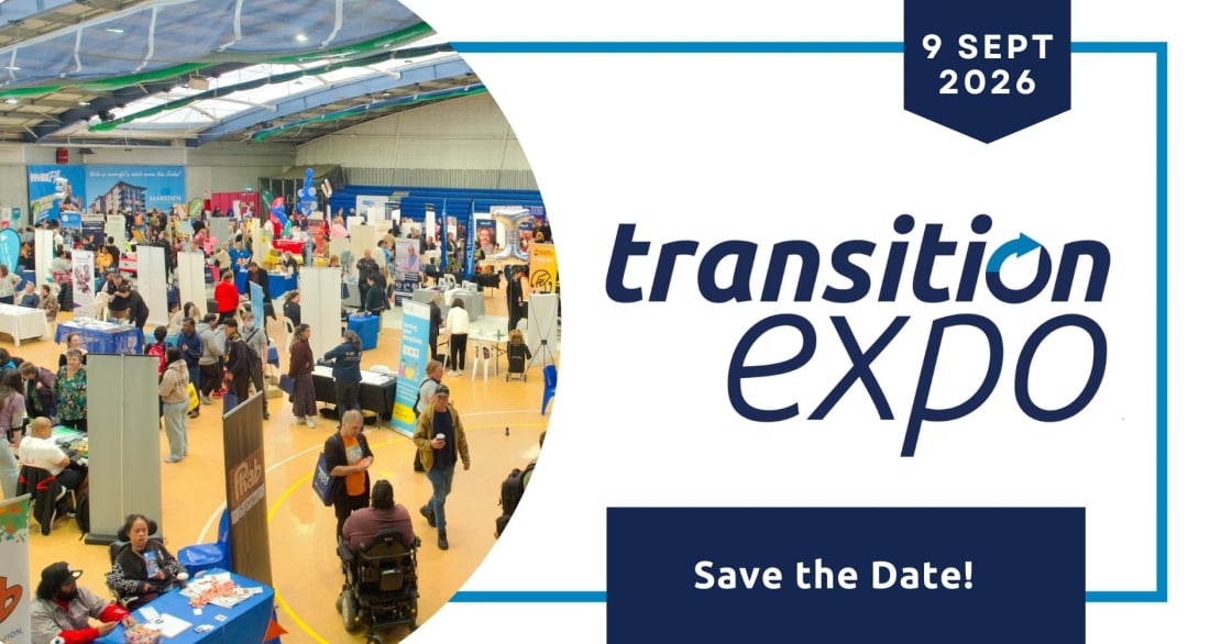 A large indoor expo event with many stalls and attendees in a gymnasium-like venue. On the right side of the image is a graphic that reads ‘Transition Expo’ with the date ‘9 Sept 2026’ above it and ‘Save the Date!’ below