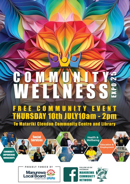 Colorful poster for a free Community Wellness Expo on July 10th, featuring resources for social services, health, and education.