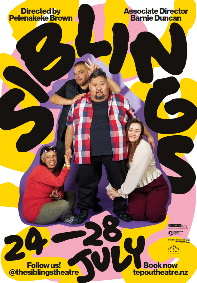 Poster for the theatre production 'SIBLINGS'.  The poster features four cast members posing joyfully against a colorful pink, yellow, and purple abstract background. Bold black text spells out 