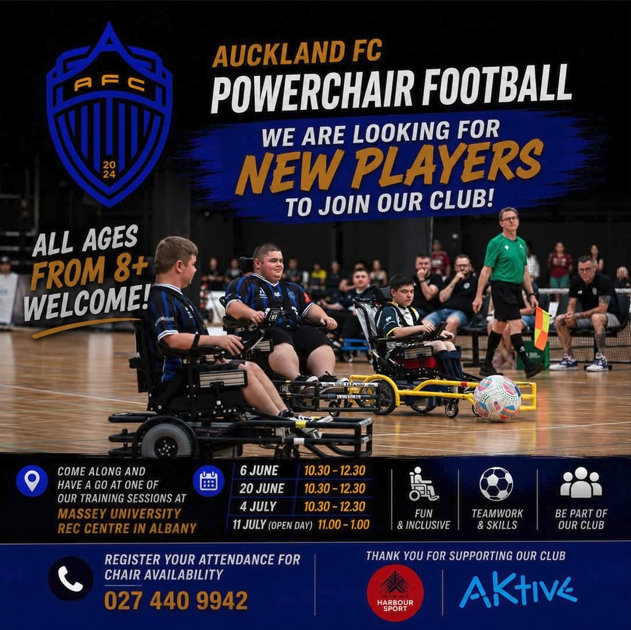 Auckland FC powerchair football poster recruiting new players, showing athletes using powered wheelchairs on an indoor court.