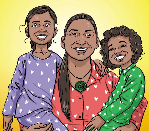 Cartoon image of a woman in red with a green pendant holds two children, one in purple and one in green, against a bright yellow backdrop.