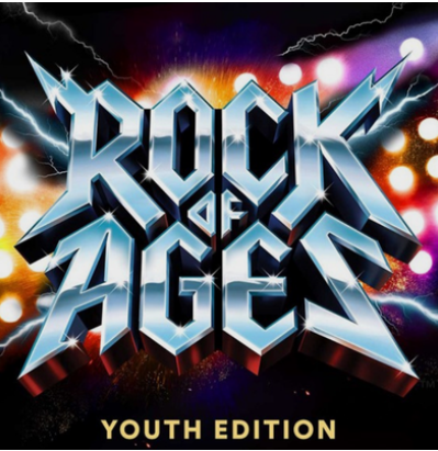 Text 'Rock of Ages Youth Edition' in a metallic, 80s-style font with colorful lights and lightning bolts in the background, evoking a high-energy rock concert vibe.