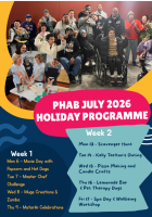 Poster for the “PHAB July 2026 Holiday Programme,” showing a group of people smiling together, including wheelchair users. A smaller photo features participants doing a cooking or craft activity. Text lists two weeks of daily activities such as movie day, Master Chef challenge, scavenger hunt, outings, crafts, pet therapy, and a wellbeing workshop.