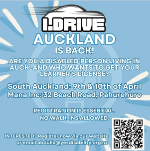 Blue promotional graphic announcing “I‑Drive Auckland is back!” inviting disabled people in Auckland to get a learner’s licence.