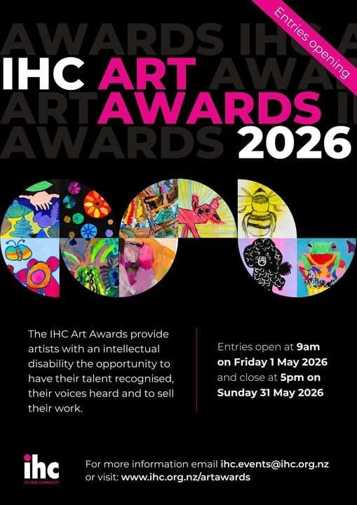 Poster promoting the IHC Art Awards 2026, featuring colourful artwork samples on a black background, with text announcing entry dates from 1–31 May 2026